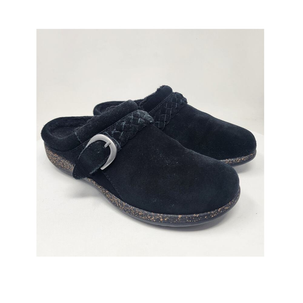 Aetrex Libby Mule Women 8.5M Black Suede Comfort Shoes Braided Strap w/ Buckle